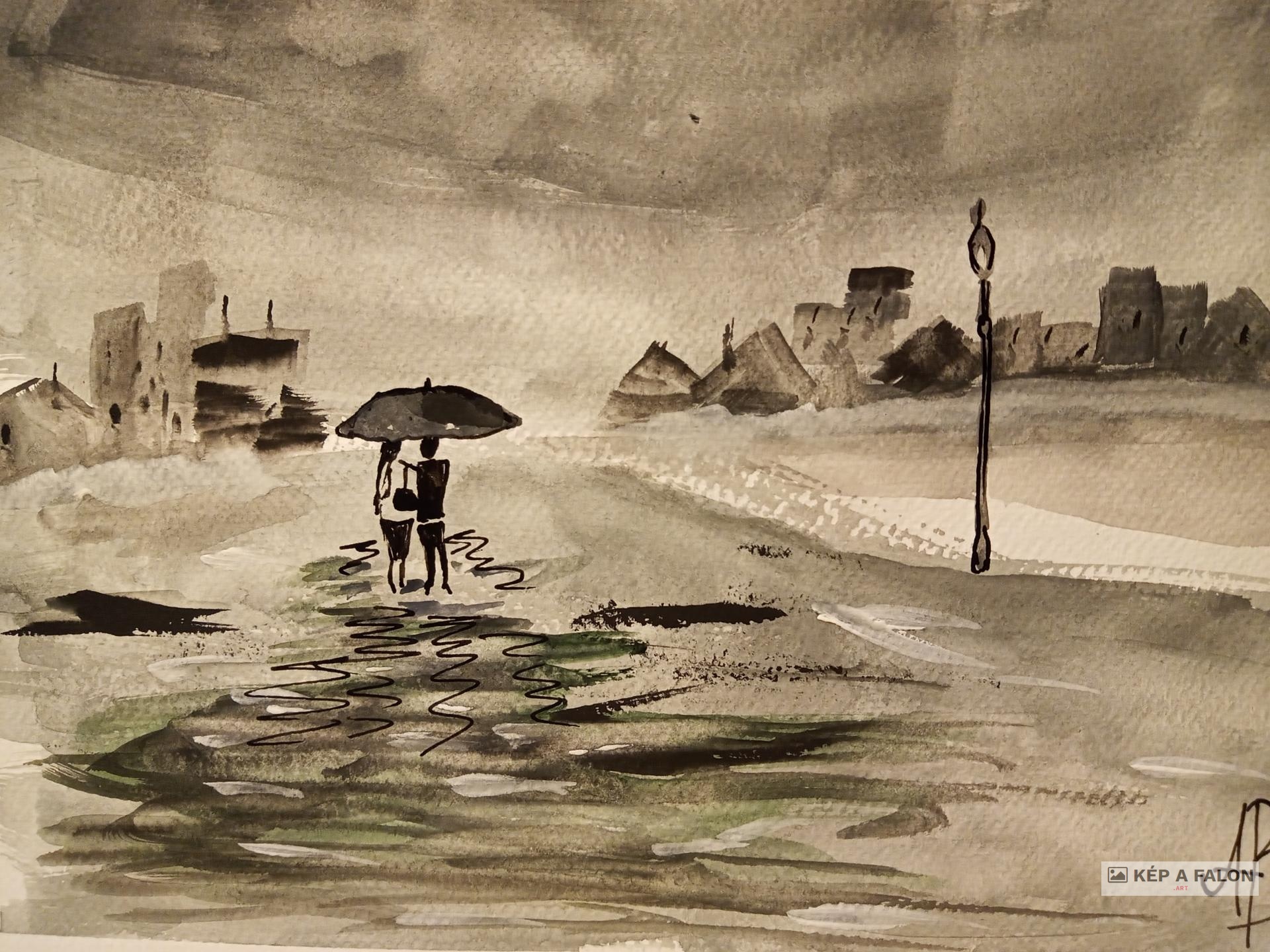 Séta esőben  by: Bea Abonyi | 2023, akvarell festmény