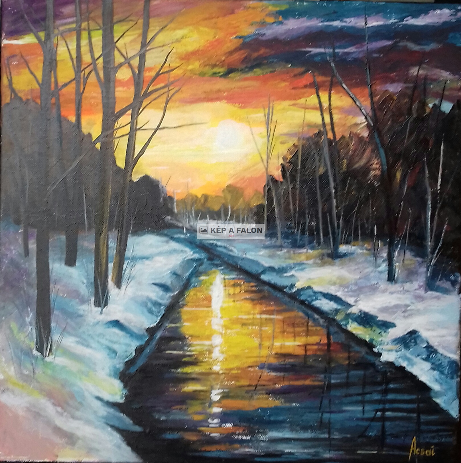 Téli naplemente (L.Afremov nyomán) by: Acsai Anna | 2020, akril festmény