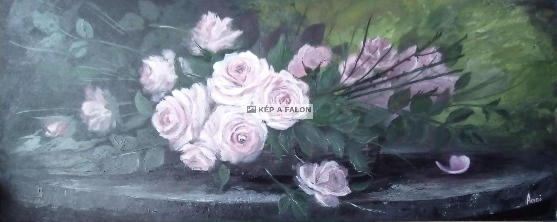 Rózsaszín rózsák a kerti asztalon by: Acsai Anna | 2018.év, akril festmény