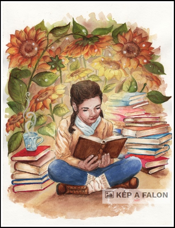Olvasó lány a napraforgók alatt