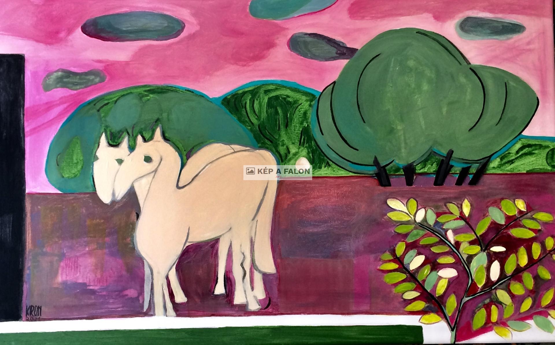 Fehérlovak a tanyán by: Kron Zsuzsanna | 2021, akril festmény
