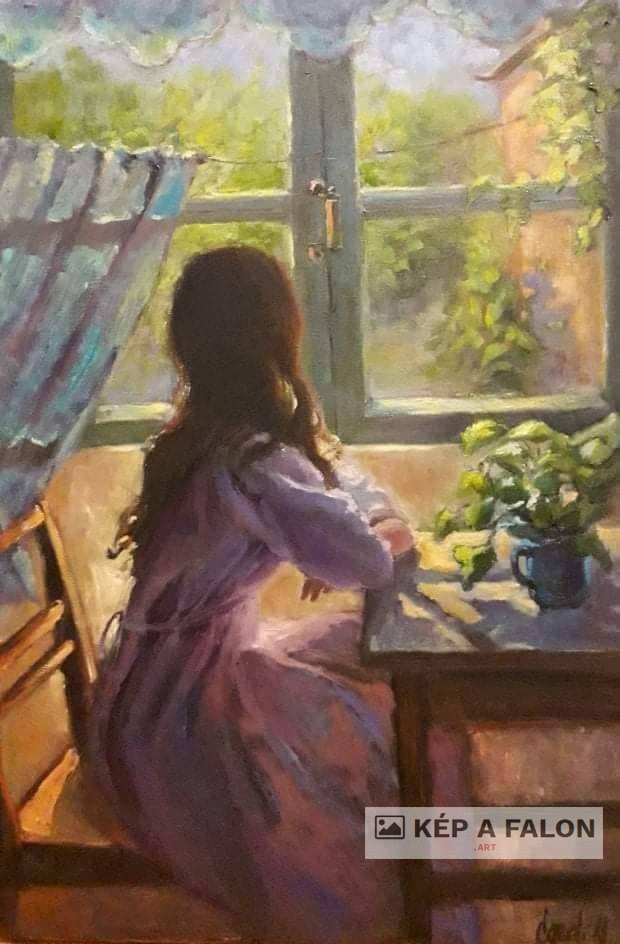 Ablaknál várva by: Békési-Egedi Mária | 2021, olaj festmény