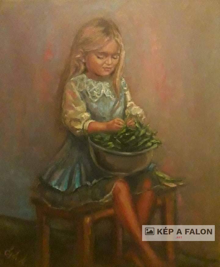 Borsófejtő kislány by: Békési-Egedi Mária | 2020, olaj festmény
