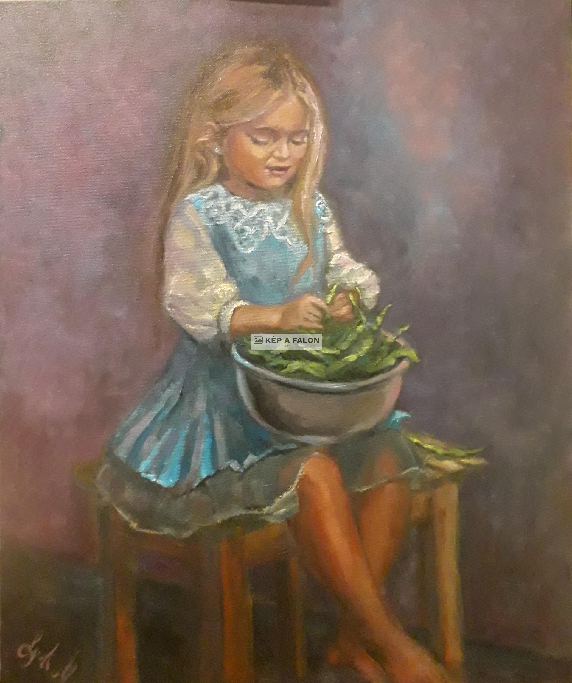 Borsófejtő kislány by: Békési-Egedi Mária | 2020, olaj festmény